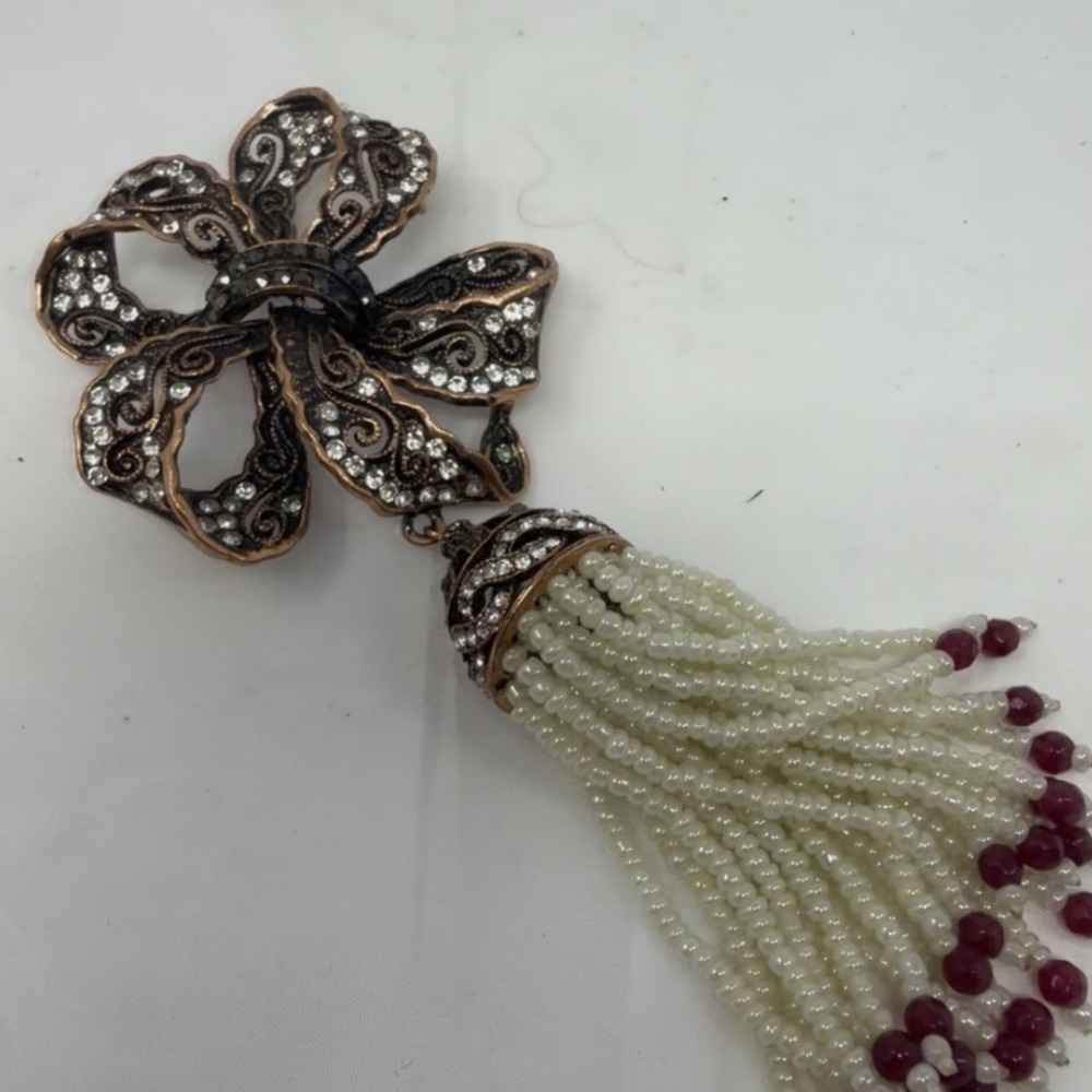 Oscar de la Renta Crystal Bow Brooch Copper Tone Pearl Tassel Burgundy Beads